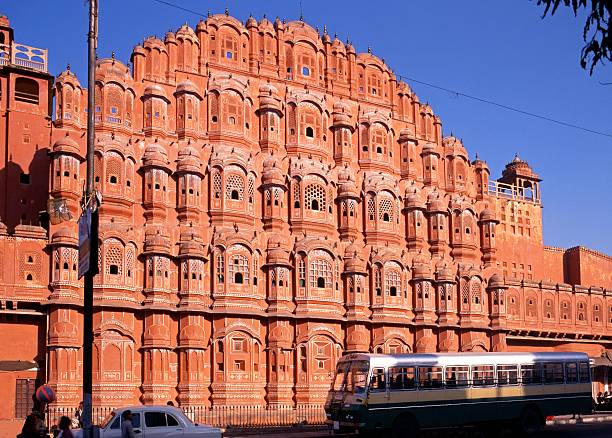 the pink sandstone wind palace (hawa mahal), jaipur, rajasthan, india.